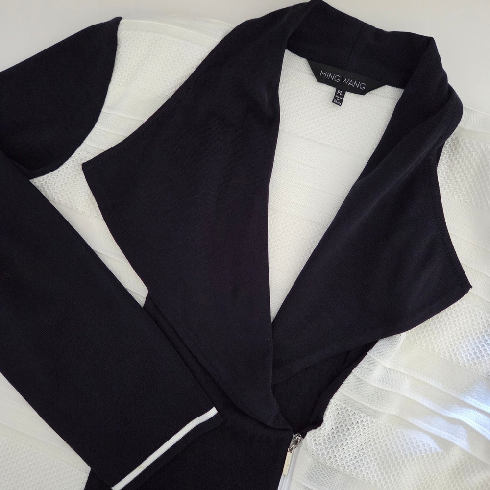 Ming Wang Navy Blue White Knit Cardigan zipper wide collar Jacket Womens‎ PL